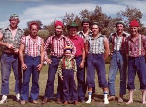 Jube Wickheim (centre, in red shirt and cowboy hat) with his timber show